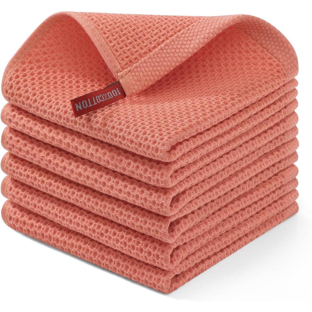 image:imageHomaxy 100 Cotton Waffle Weave Kitchen Dish Cloths Ultra Soft Absorbent Quick Drying Dish Towels 12 x 12 Inches 6Pack RedCoral