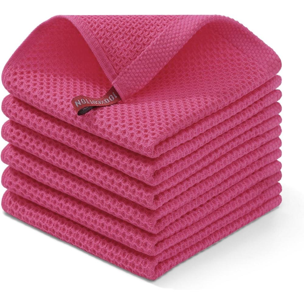 image:imageHomaxy 100 Cotton Waffle Weave Kitchen Dish Cloths Ultra Soft Absorbent Quick Drying Dish Towels 12 x 12 Inches 6Pack RedHot Pink