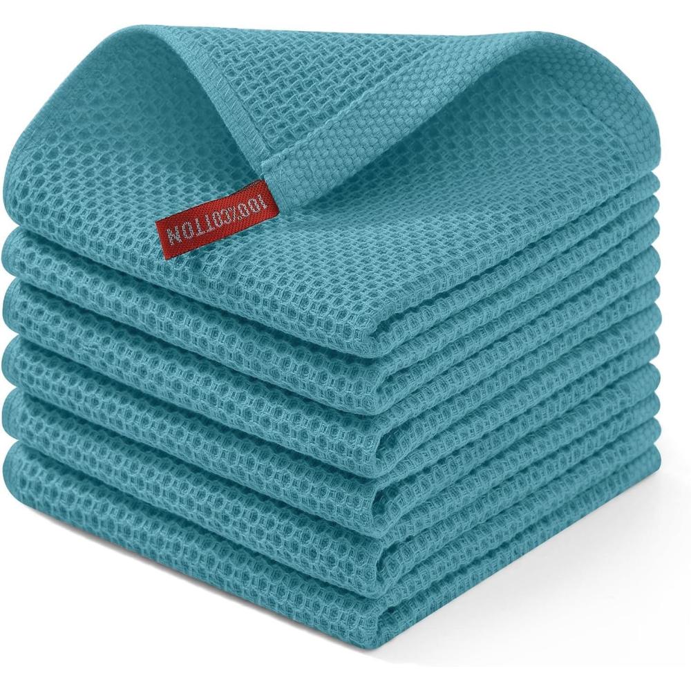 image:imageHomaxy 100 Cotton Waffle Weave Kitchen Dish Cloths Ultra Soft Absorbent Quick Drying Dish Towels 12 x 12 Inches 6Pack RedLake Blue