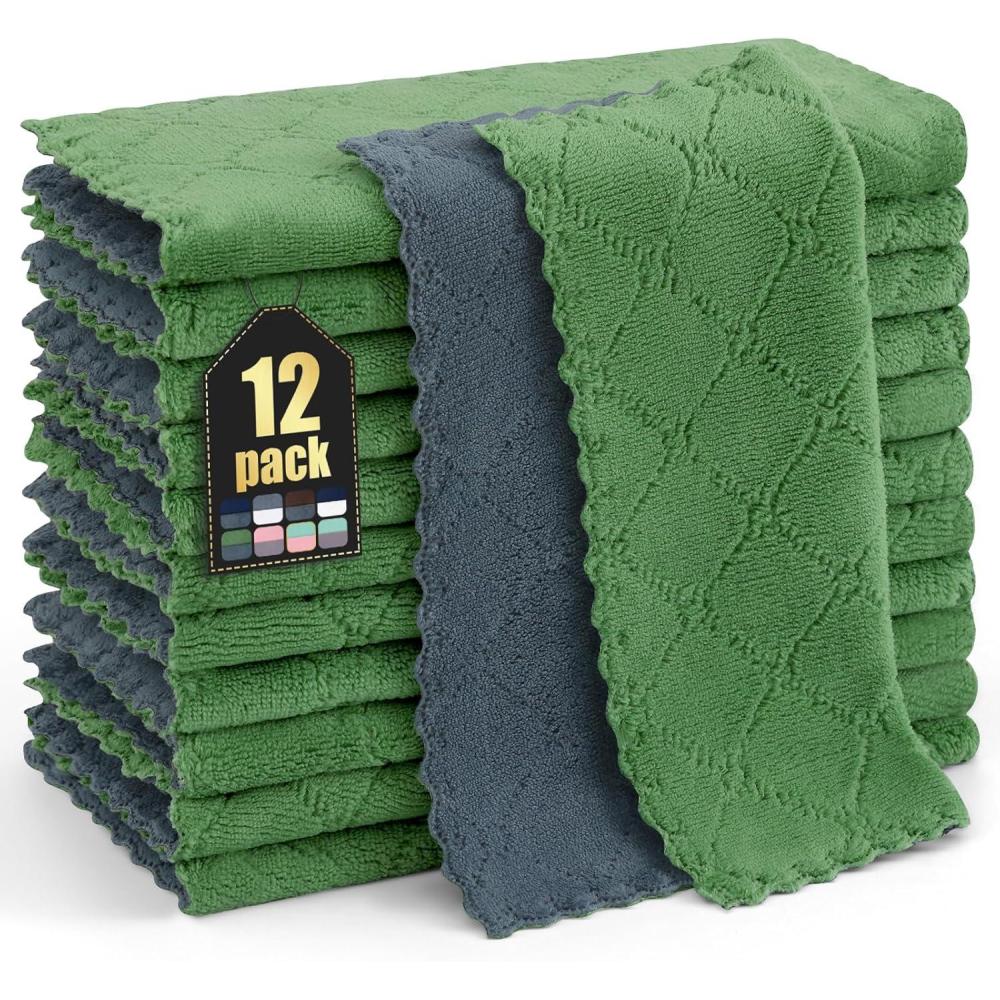 image:imageHomaxy 12 Pack Kitchen Dish Cloths 10 x 10 Inches Navy Blue Super Soft and Absorbent Coral Velvet Dish Towels Nonstick Oil Fast Drying Microfiber Cleaning Cloth No Lint Household DishclothsDark Grey  Grass Green