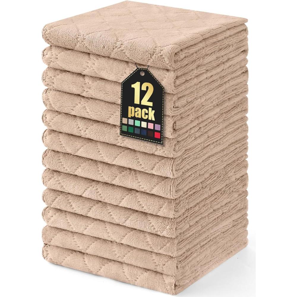 image:imageHomaxy 12 Pack Kitchen Dish Cloths 10 x 10 Inches Navy Blue Super Soft and Absorbent Coral Velvet Dish Towels Nonstick Oil Fast Drying Microfiber Cleaning Cloth No Lint Household DishclothsTan