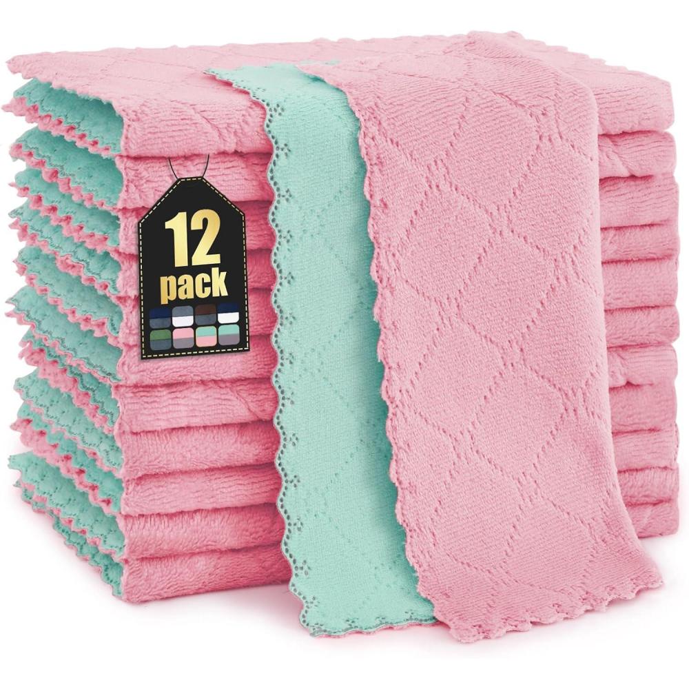 image:imageHomaxy 12 Pack Kitchen Dish Cloths 10 x 10 Inches Navy Blue Super Soft and Absorbent Coral Velvet Dish Towels Nonstick Oil Fast Drying Microfiber Cleaning Cloth No Lint Household DishclothsGreen  Pink