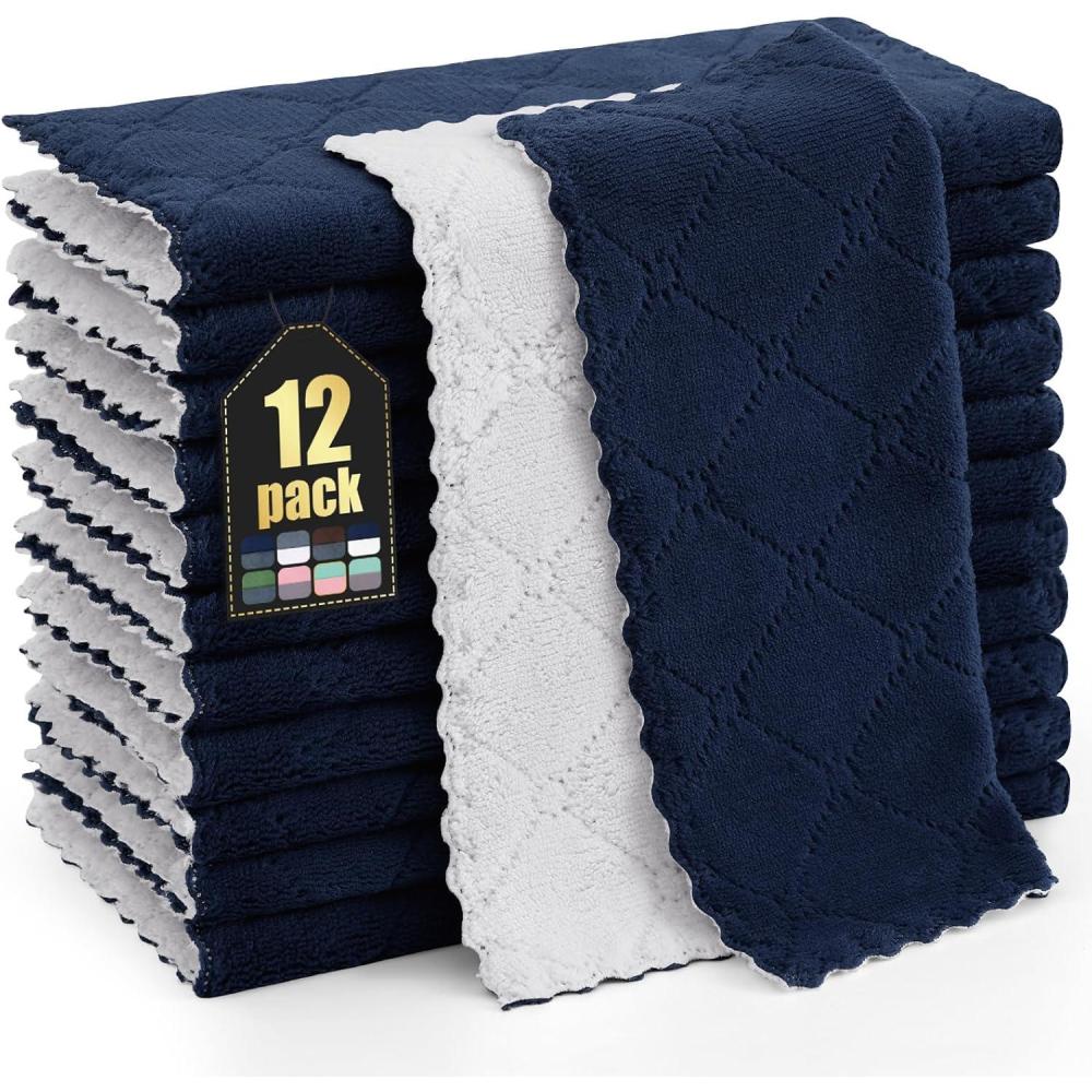 image:imageHomaxy 12 Pack Kitchen Dish Cloths 10 x 10 Inches Navy Blue Super Soft and Absorbent Coral Velvet Dish Towels Nonstick Oil Fast Drying Microfiber Cleaning Cloth No Lint Household DishclothsNavy Blue  White