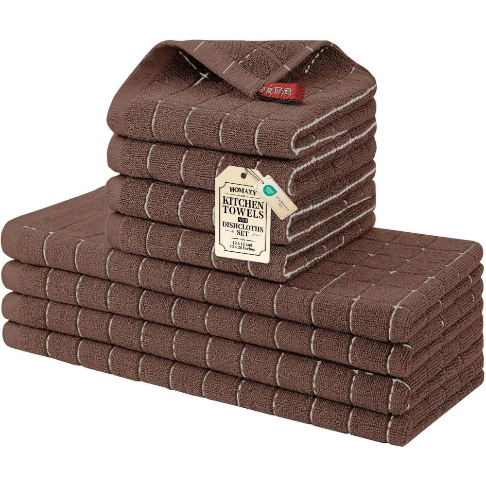 image:imageHomaxy Kitchen Towels and Dishcloths Set 12 x 12 and 13 x 28 Inches Set of 8 Bulk Cotton Terry Kitchen Towels Set Checkered Designed Soft and Super Absorbent Dish Towels Grass GreenBrown