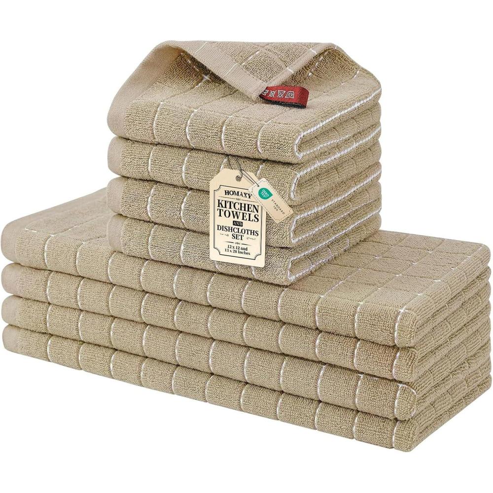 image:imageHomaxy Kitchen Towels and Dishcloths Set 12 x 12 and 13 x 28 Inches Set of 8 Bulk Cotton Terry Kitchen Towels Set Checkered Designed Soft and Super Absorbent Dish Towels Grass GreenTan