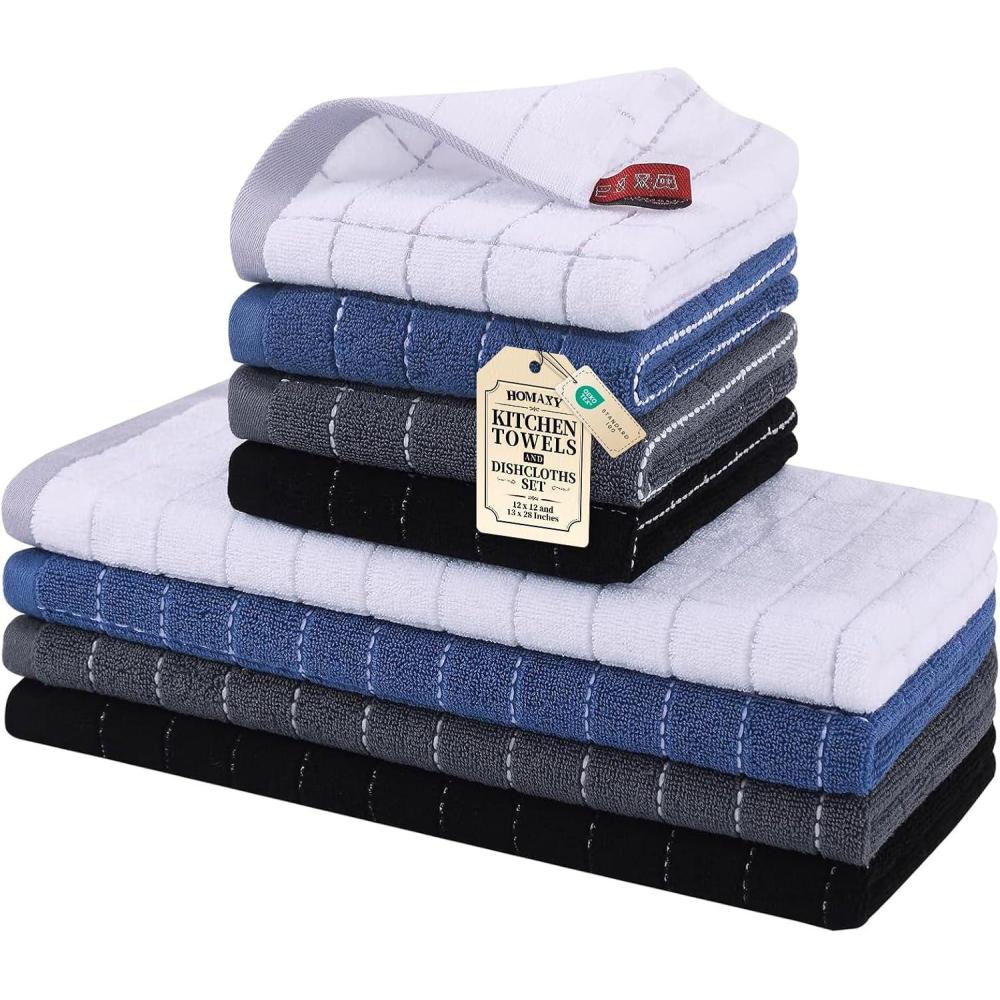 image:imageHomaxy Kitchen Towels and Dishcloths Set 12 x 12 and 13 x 28 Inches Set of 8 Bulk Cotton Terry Kitchen Towels Set Checkered Designed Soft and Super Absorbent Dish Towels Grass GreenMixed Color