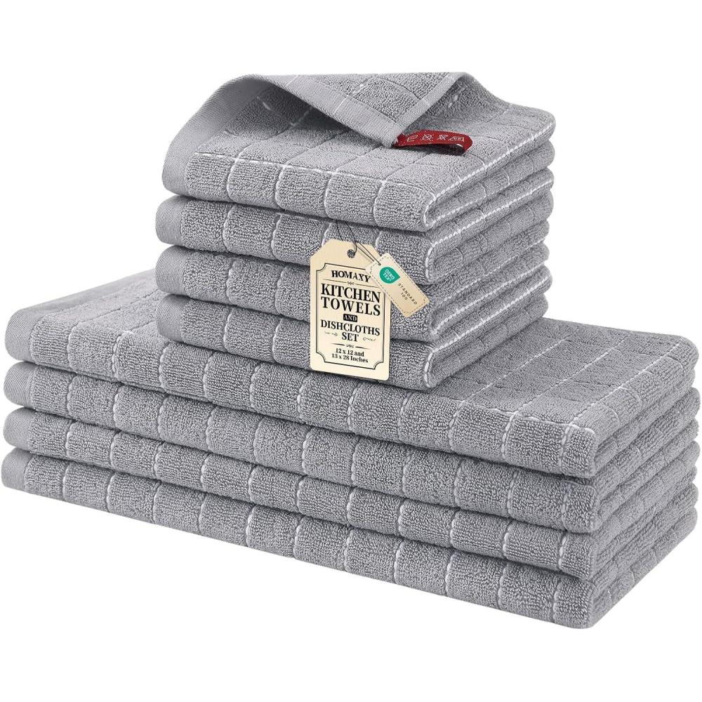image:imageHomaxy Kitchen Towels and Dishcloths Set 12 x 12 and 13 x 28 Inches Set of 8 Bulk Cotton Terry Kitchen Towels Set Checkered Designed Soft and Super Absorbent Dish Towels Grass GreenLight Grey