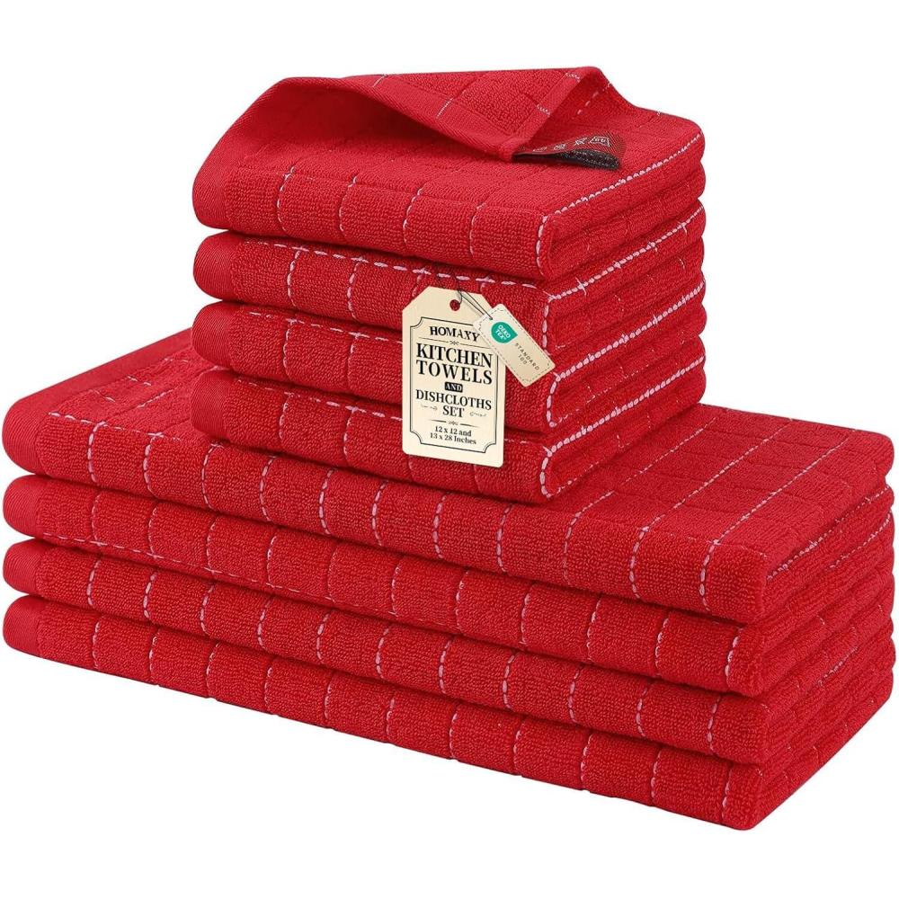 image:imageHomaxy Kitchen Towels and Dishcloths Set 12 x 12 and 13 x 28 Inches Set of 8 Bulk Cotton Terry Kitchen Towels Set Checkered Designed Soft and Super Absorbent Dish Towels Grass GreenRed