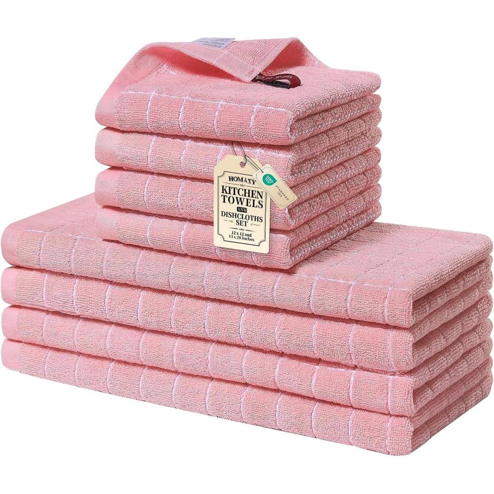 image:imageHomaxy Kitchen Towels and Dishcloths Set 12 x 12 and 13 x 28 Inches Set of 8 Bulk Cotton Terry Kitchen Towels Set Checkered Designed Soft and Super Absorbent Dish Towels Grass GreenPink