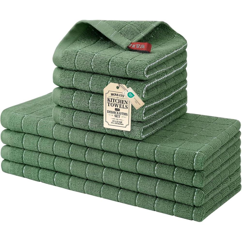 image:imageHomaxy Kitchen Towels and Dishcloths Set 12 x 12 and 13 x 28 Inches Set of 8 Bulk Cotton Terry Kitchen Towels Set Checkered Designed Soft and Super Absorbent Dish Towels Grass GreenGrass Green