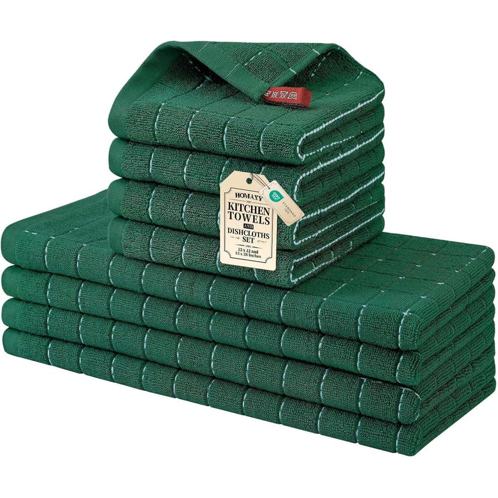 image:imageHomaxy Kitchen Towels and Dishcloths Set 12 x 12 and 13 x 28 Inches Set of 8 Bulk Cotton Terry Kitchen Towels Set Checkered Designed Soft and Super Absorbent Dish Towels Grass GreenDark Green
