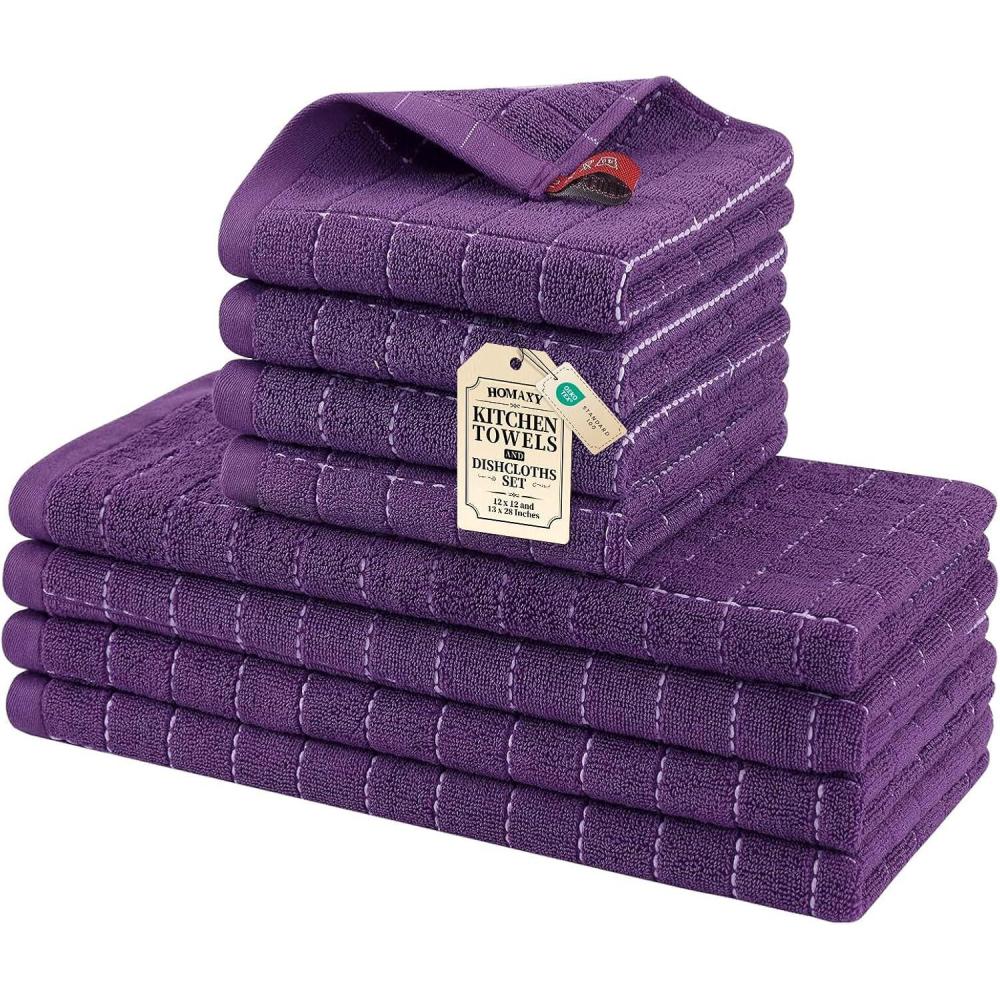 image:imageHomaxy Kitchen Towels and Dishcloths Set 12 x 12 and 13 x 28 Inches Set of 8 Bulk Cotton Terry Kitchen Towels Set Checkered Designed Soft and Super Absorbent Dish Towels Grass GreenPurple