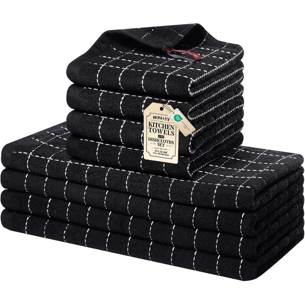 image:imageHomaxy Kitchen Towels and Dishcloths Set 12 x 12 and 13 x 28 Inches Set of 8 Bulk Cotton Terry Kitchen Towels Set Checkered Designed Soft and Super Absorbent Dish Towels Grass GreenBlack