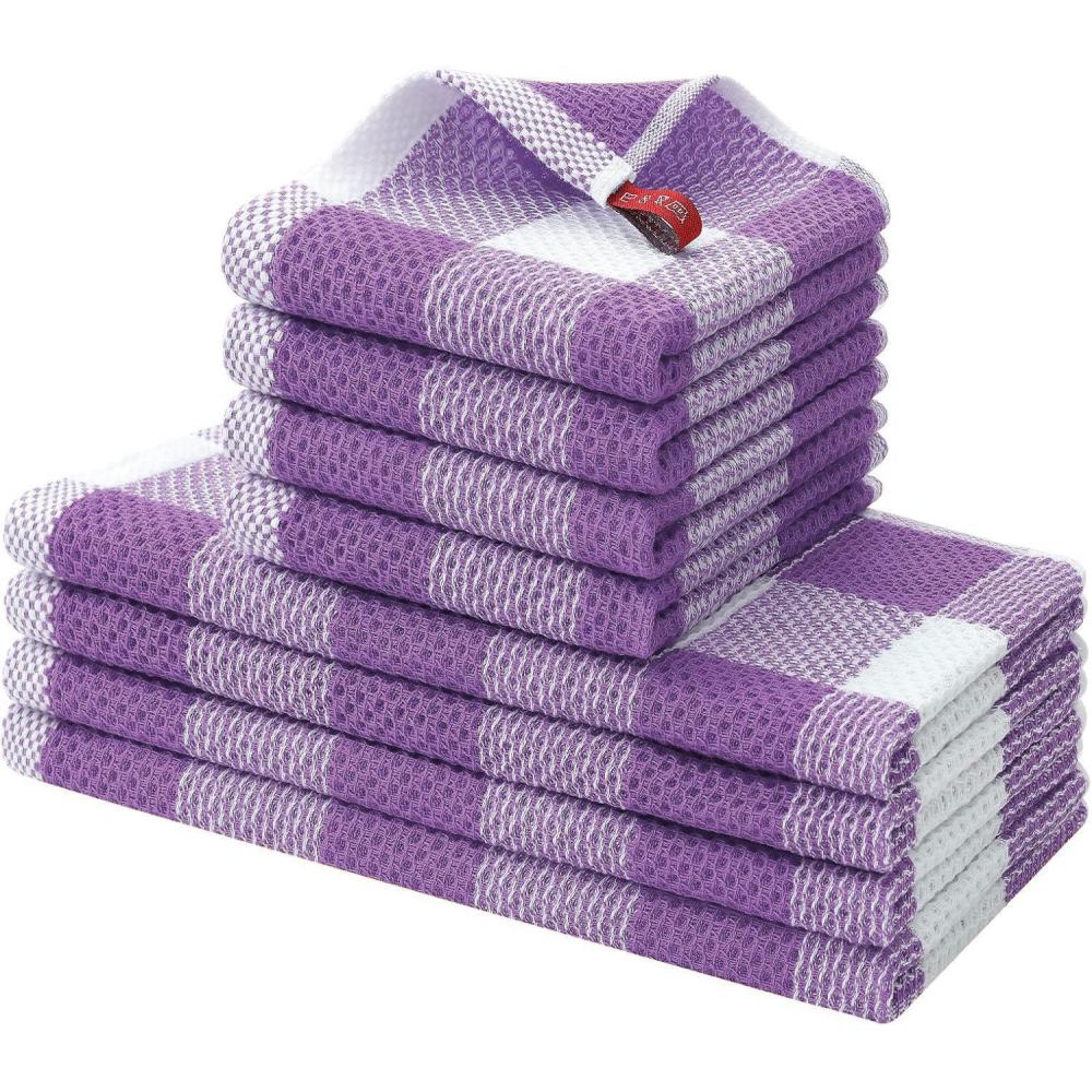 image:imageHomaxy Kitchen Towels and Dishcloths Set 12 x 12 and 13 x 28 Inches Set of 8 Bulk Cotton Waffle Weave Check Plaid Kitchen Towels Super Soft and Absorbent Dish Towel White amp RedWhite  Purple