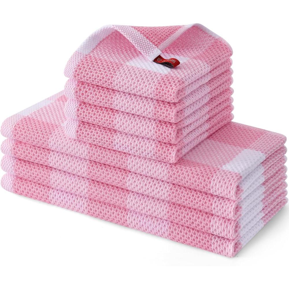image:imageHomaxy Kitchen Towels and Dishcloths Set 12 x 12 and 13 x 28 Inches Set of 8 Bulk Cotton Waffle Weave Check Plaid Kitchen Towels Super Soft and Absorbent Dish Towel White amp RedWhite  Pink