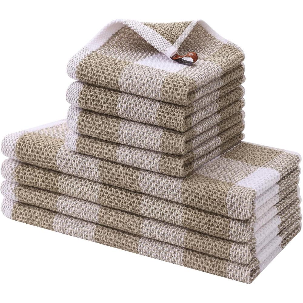 image:imageHomaxy Kitchen Towels and Dishcloths Set 12 x 12 and 13 x 28 Inches Set of 8 Bulk Cotton Waffle Weave Check Plaid Kitchen Towels Super Soft and Absorbent Dish Towel White amp RedWhite  Khaki