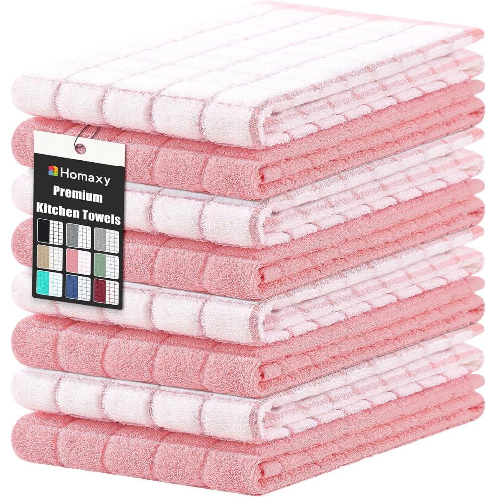 image:imageHomaxy Premium Cotton Kitchen Towels 16x 28 Large Natural Ring Spun 390 GSM Dish Towels Super Absorbent Terry Kitchen Hand Towels Soft Tea Towels with Hanging Loop Navy Blue Check Design 6 PackPink