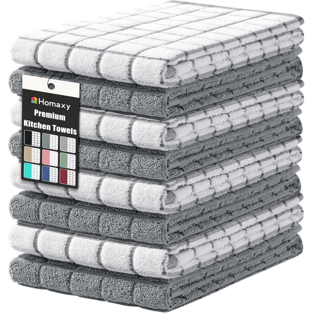 image:imageHomaxy Premium Cotton Kitchen Towels 16x 28 Large Natural Ring Spun 390 GSM Dish Towels Super Absorbent Terry Kitchen Hand Towels Soft Tea Towels with Hanging Loop Navy Blue Check Design 6 PackGrey