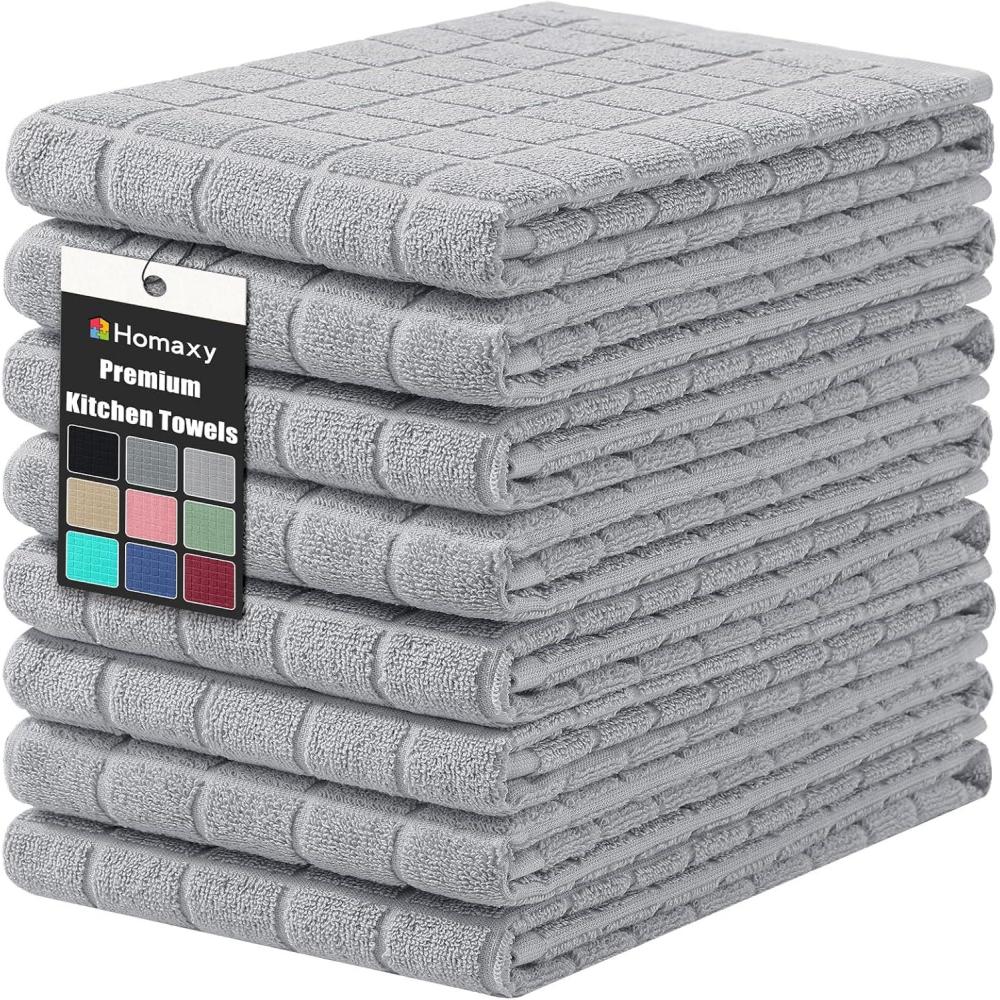image:imageHomaxy Premium Cotton Kitchen Towels 16x 28 Large Natural Ring Spun 390 GSM Dish Towels Super Absorbent Terry Kitchen Hand Towels Soft Tea Towels with Hanging Loop Navy Blue Check Design 6 PackPure Light Grey