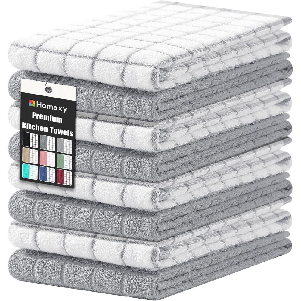 image:imageHomaxy Premium Cotton Kitchen Towels 16x 28 Large Natural Ring Spun 390 GSM Dish Towels Super Absorbent Terry Kitchen Hand Towels Soft Tea Towels with Hanging Loop Navy Blue Check Design 6 PackLight Grey