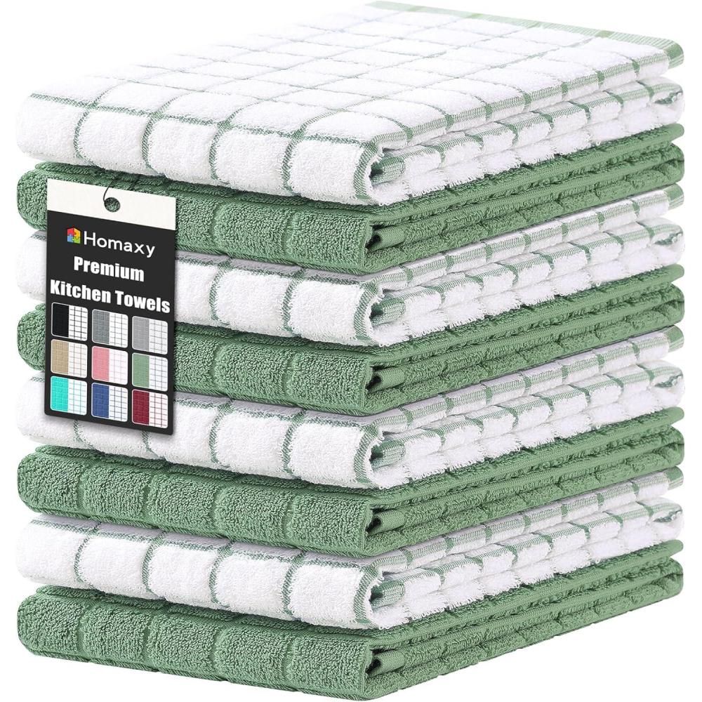 image:imageHomaxy Premium Cotton Kitchen Towels 16x 28 Large Natural Ring Spun 390 GSM Dish Towels Super Absorbent Terry Kitchen Hand Towels Soft Tea Towels with Hanging Loop Navy Blue Check Design 6 PackGrass Green
