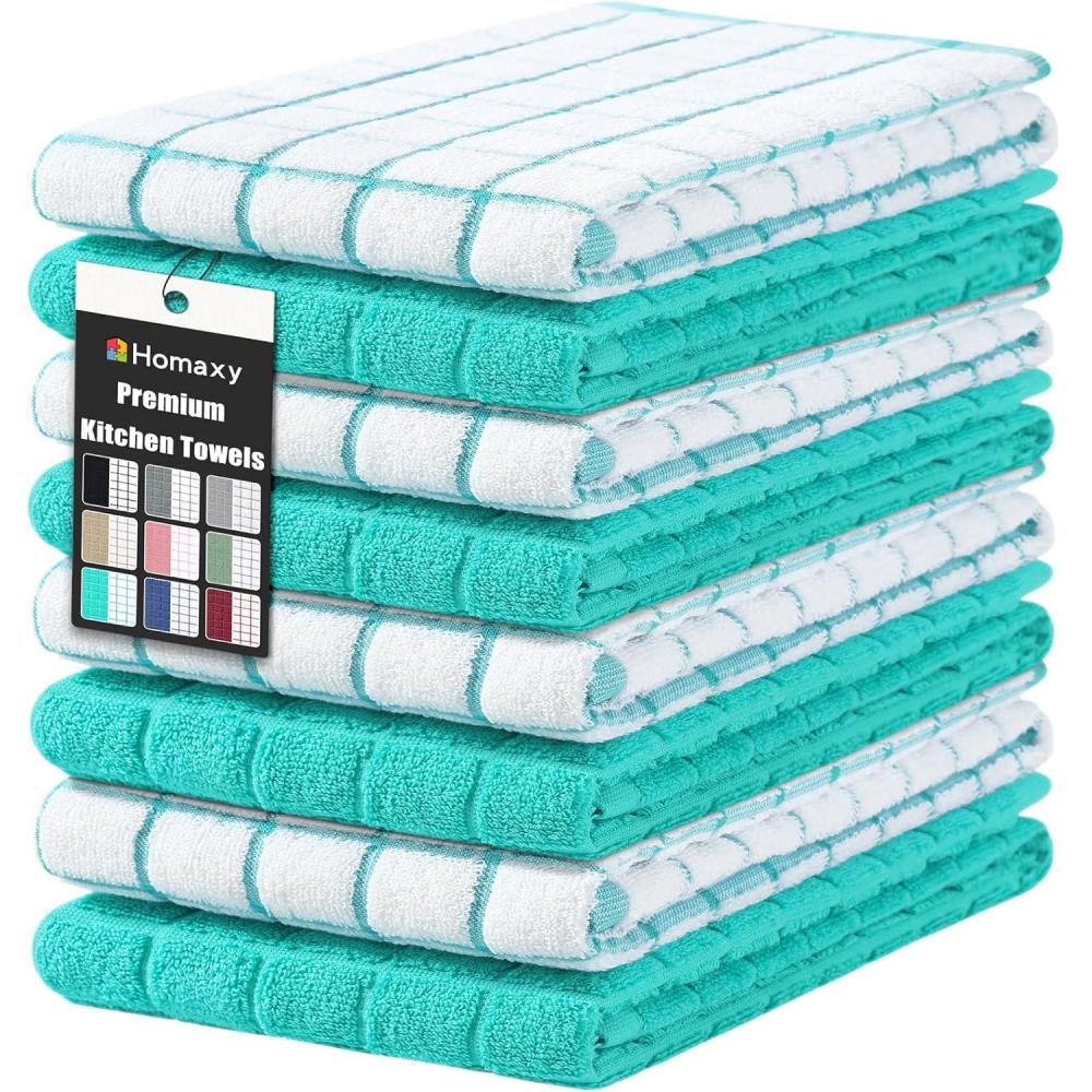 image:imageHomaxy Premium Cotton Kitchen Towels 16x 28 Large Natural Ring Spun 390 GSM Dish Towels Super Absorbent Terry Kitchen Hand Towels Soft Tea Towels with Hanging Loop Navy Blue Check Design 6 PackAqua