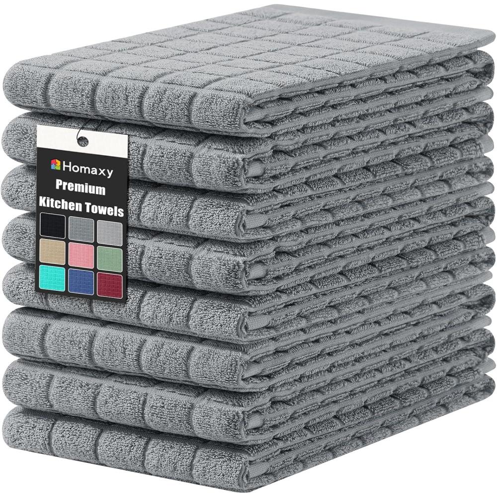 image:imageHomaxy Premium Cotton Kitchen Towels 16x 28 Large Natural Ring Spun 390 GSM Dish Towels Super Absorbent Terry Kitchen Hand Towels Soft Tea Towels with Hanging Loop Navy Blue Check Design 6 PackPure Grey
