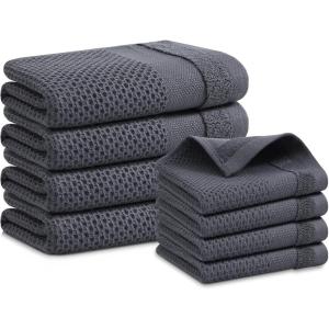 Homaxy 100% Cotton Dish Cloths, 8 Pack – 12 x 12 Inches, Waffle Weave Super Soft and Absorbent Dish Towels Quick Drying Dishcloths, Black(Dark Grey)