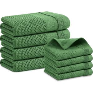 Homaxy 100% Cotton Dish Cloths, 8 Pack – 12 x 12 Inches, Waffle Weave Super Soft and Absorbent Dish Towels Quick Drying Dishcloths, Black(Grass Green)
