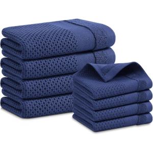 Homaxy 100% Cotton Dish Cloths, 8 Pack – 12 x 12 Inches, Waffle Weave Super Soft and Absorbent Dish Towels Quick Drying Dishcloths, Black(Navy Blue)
