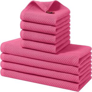 Homaxy 100% Cotton Kitchen Towels and Dishcloths Set, 12 x 12 Inches and 13 x 28 Inches, Set of 8 Bulk Kitchen Towels Set, Ultra Soft Absorbent Dish Cloths for Washing Dishes, Red(Hot Pink)