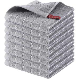 Homaxy 100% Cotton Terry Kitchen Towels(Black, 13 x 28 inches), Checkered Designed, Soft and Super Absorbent Dish Towels, 4 Pack(Light Grey)