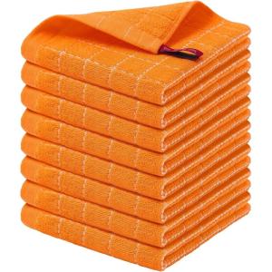 Homaxy 100% Cotton Terry Kitchen Towels(Black, 13 x 28 inches), Checkered Designed, Soft and Super Absorbent Dish Towels, 4 Pack(Orange)