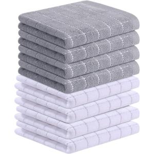 Homaxy 100% Cotton Terry Kitchen Towels(Black, 13 x 28 inches), Checkered Designed, Soft and Super Absorbent Dish Towels, 4 Pack(White and Light Grey)