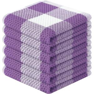 Homaxy 100% Cotton Waffle Weave Check Plaid Dish Cloths, 12 x 12 Inches, Super Soft and Absorbent Dish Towels Quick Drying Dish Rags, 6-Pack, White & Black(White & Purple)