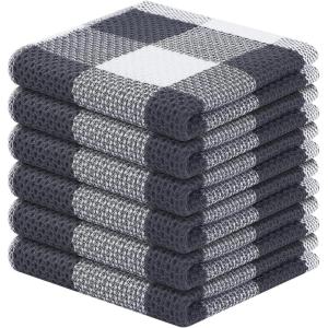 Homaxy 100% Cotton Waffle Weave Check Plaid Dish Cloths, 12 x 12 Inches, Super Soft and Absorbent Dish Towels Quick Drying Dish Rags, 6-Pack, White & Black(White & Dark Grey)