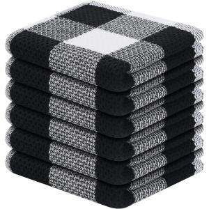 Homaxy 100% Cotton Waffle Weave Check Plaid Dish Cloths, 12 x 12 Inches, Super Soft and Absorbent Dish Towels Quick Drying Dish Rags, 6-Pack, White & Black(White & Black)