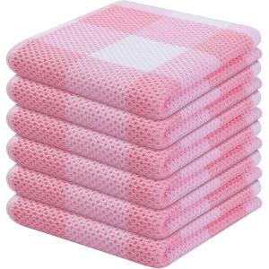 Homaxy 100% Cotton Waffle Weave Check Plaid Dish Cloths, 12 x 12 Inches, Super Soft and Absorbent Dish Towels Quick Drying Dish Rags, 6-Pack, White & Black(White & Pink)