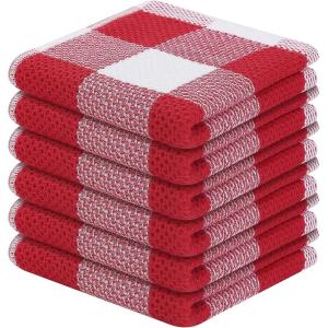 Homaxy 100% Cotton Waffle Weave Check Plaid Dish Cloths, 12 x 12 Inches, Super Soft and Absorbent Dish Towels Quick Drying Dish Rags, 6-Pack, White & Black(White & Red)