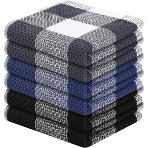 Homaxy 100% Cotton Waffle Weave Check Plaid Dish Cloths, 12 x 12 Inches, Super Soft and Absorbent Dish Towels Quick Drying Dish Rags, 6-Pack, White & Black(Mix Color)