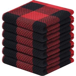 Homaxy 100% Cotton Waffle Weave Check Plaid Dish Cloths, 12 x 12 Inches, Super Soft and Absorbent Dish Towels Quick Drying Dish Rags, 6-Pack, White & Black(Black & Red)