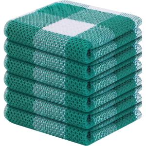 Homaxy 100% Cotton Waffle Weave Check Plaid Dish Cloths, 12 x 12 Inches, Super Soft and Absorbent Dish Towels Quick Drying Dish Rags, 6-Pack, White & Black(White & Teal)