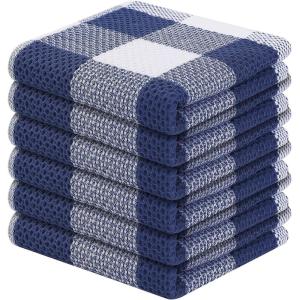 Homaxy 100% Cotton Waffle Weave Check Plaid Dish Cloths, 12 x 12 Inches, Super Soft and Absorbent Dish Towels Quick Drying Dish Rags, 6-Pack, White & Black(White & Navy Blue)