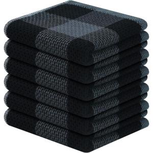 Homaxy 100% Cotton Waffle Weave Check Plaid Dish Cloths, 12 x 12 Inches, Super Soft and Absorbent Dish Towels Quick Drying Dish Rags, 6-Pack, White & Black(Black & Grey)