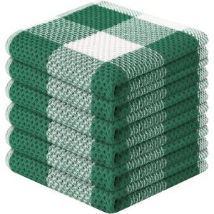 Homaxy 100% Cotton Waffle Weave Check Plaid Dish Cloths, 12 x 12 Inches, Super Soft and Absorbent Dish Towels Quick Drying Dish Rags, 6-Pack, White & Black(White & Dark Green)