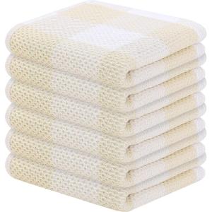 Homaxy 100% Cotton Waffle Weave Check Plaid Dish Cloths, 12 x 12 Inches, Super Soft and Absorbent Dish Towels Quick Drying Dish Rags, 6-Pack, White & Black(White & Beige)
