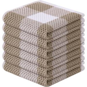 Homaxy 100% Cotton Waffle Weave Check Plaid Dish Cloths, 12 x 12 Inches, Super Soft and Absorbent Dish Towels Quick Drying Dish Rags, 6-Pack, White & Black(White & Khaki)