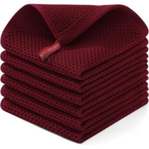 Homaxy 100% Cotton Waffle Weave Kitchen Dish Cloths, Ultra Soft Absorbent Quick Drying Dish Towels, 12 x 12 Inches, 6-Pack, Red(Burgundy)