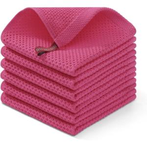 Homaxy 100% Cotton Waffle Weave Kitchen Dish Cloths, Ultra Soft Absorbent Quick Drying Dish Towels, 12 x 12 Inches, 6-Pack, Red(Hot Pink)