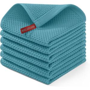 Homaxy 100% Cotton Waffle Weave Kitchen Dish Cloths, Ultra Soft Absorbent Quick Drying Dish Towels, 12 x 12 Inches, 6-Pack, Red(Lake Blue)